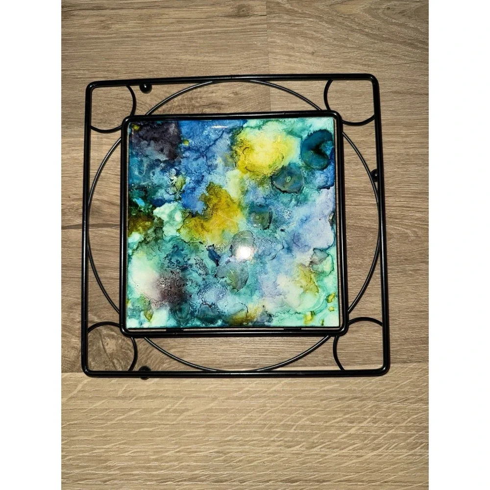 Hand Painted Tile Metal Trivet 7x7 Paint Pourblue Green Turquoise Square Shape
